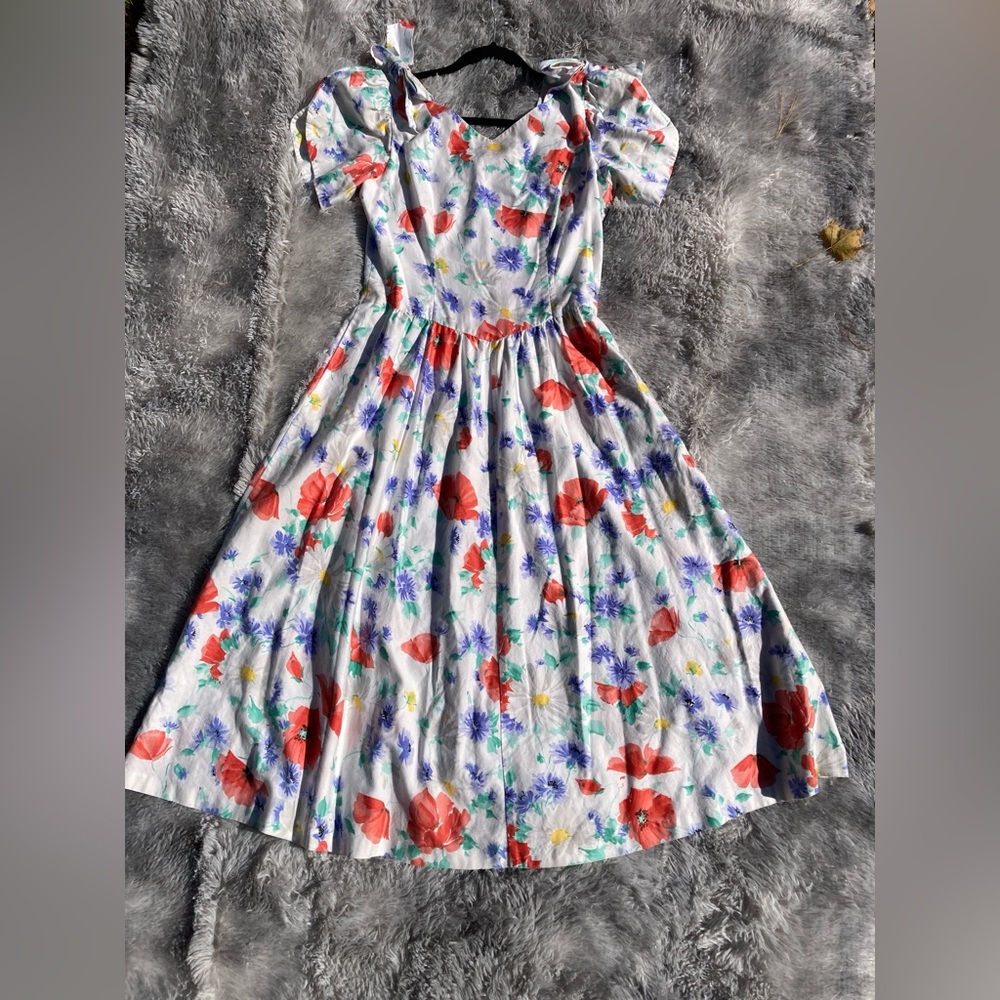 Vintage Floral Midi Dress with Red and Blue Accents